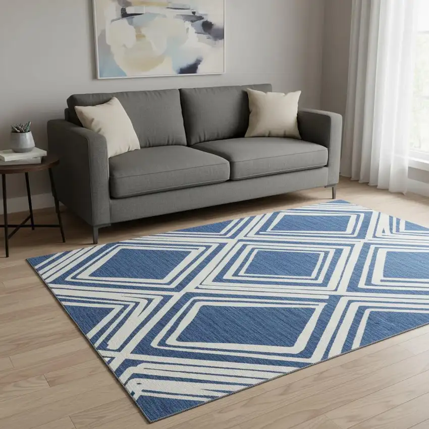 8' Navy Blue And Ivory Diamond Washable Round Rug With UV Protection Photo 2