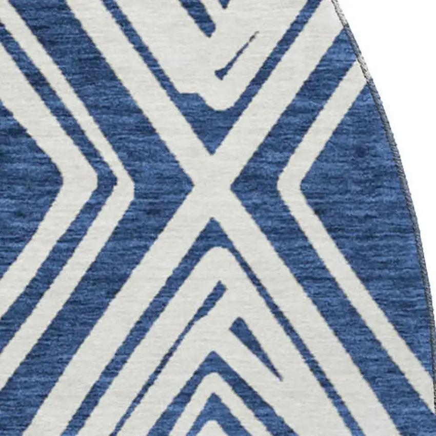 8' Navy Blue And Ivory Diamond Washable Round Rug With UV Protection Photo 3