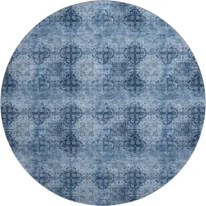 Photo of 8' Navy Blue And Ivory Floral Medallion Washable Round Rug With UV Protection