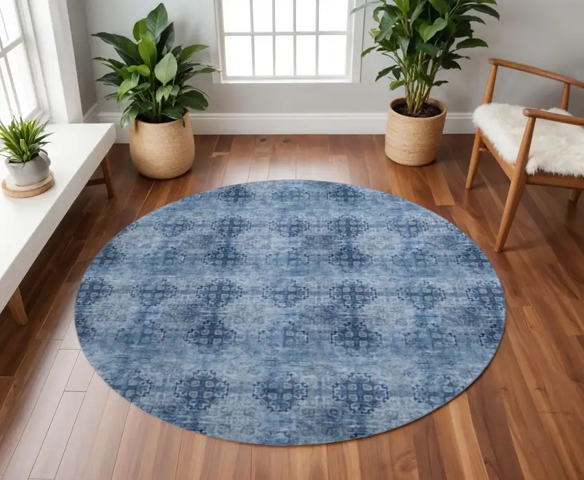 8' Navy Blue And Ivory Floral Medallion Washable Round Rug With UV Protection Photo 2