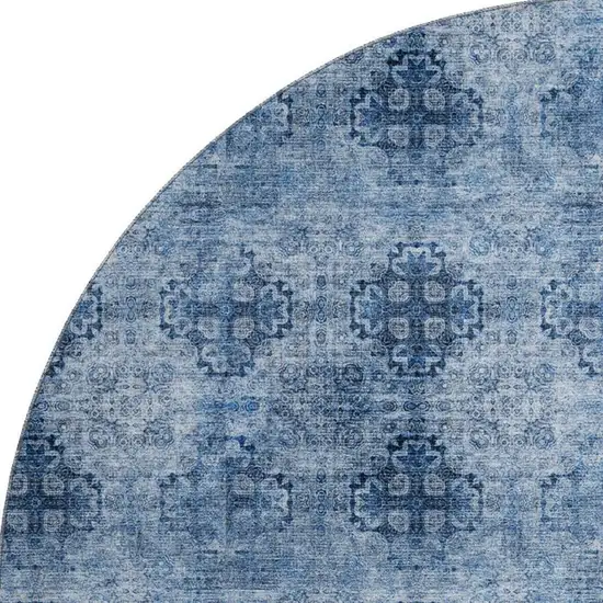 8' Navy Blue And Ivory Floral Medallion Washable Round Rug With UV Protection Photo 4