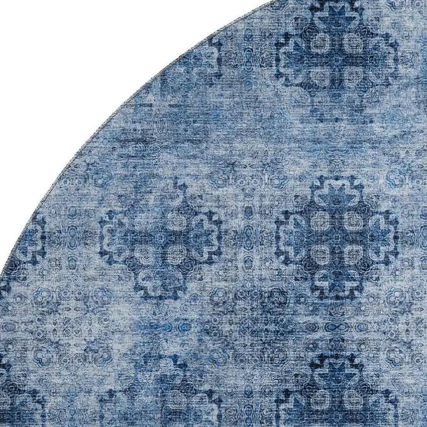 8' Navy Blue And Ivory Floral Medallion Washable Round Rug With UV Protection Photo 3