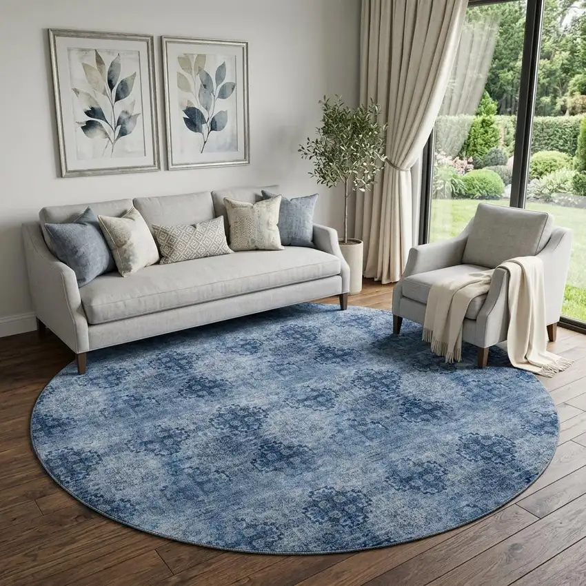 8' Navy Blue And Ivory Floral Medallion Distressed Washable Round Rug With UV Protection Photo 1