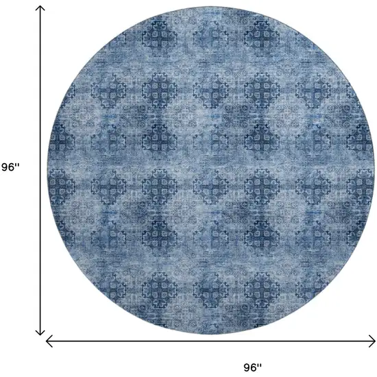 8' Navy Blue And Ivory Floral Medallion Distressed Washable Round Rug With UV Protection Photo 9