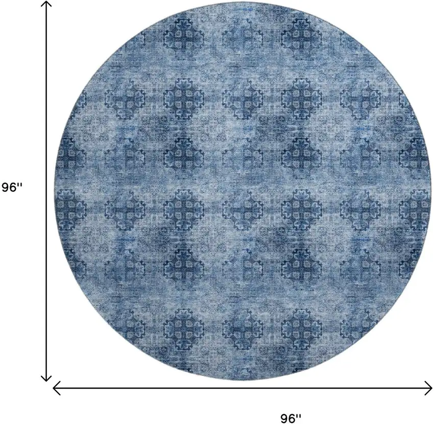 8' Navy Blue And Ivory Floral Medallion Distressed Washable Round Rug With UV Protection Photo 9