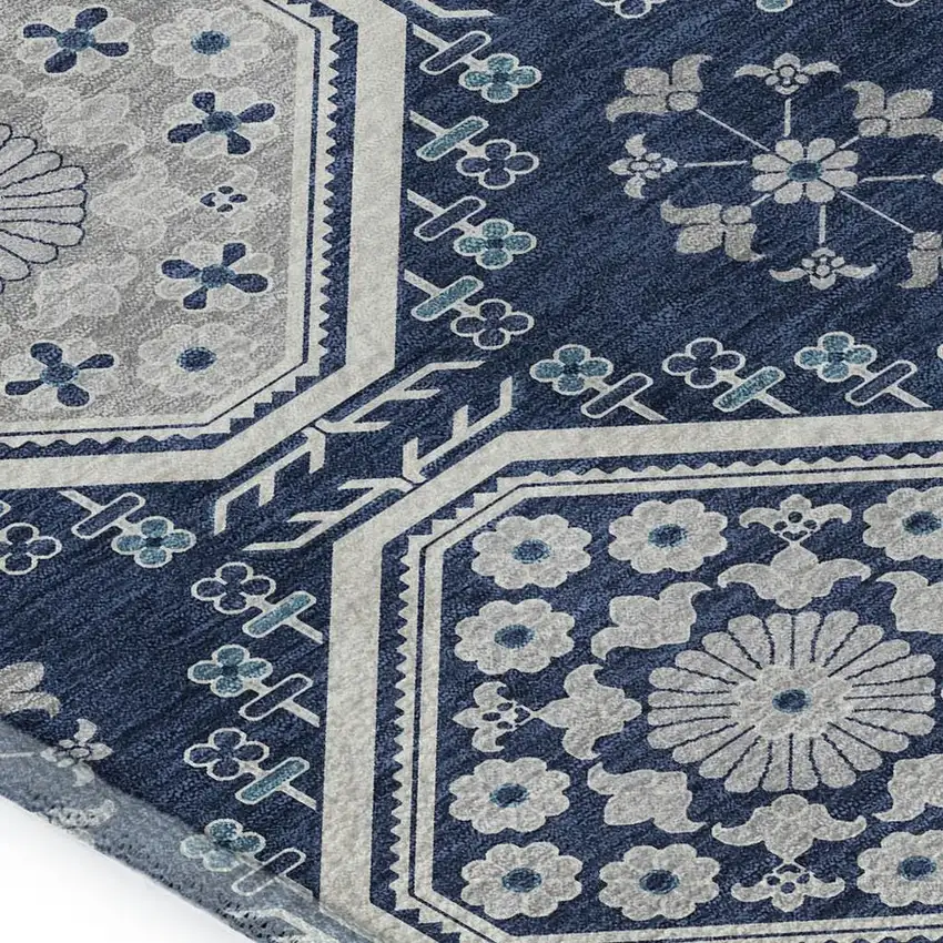 8' Navy Blue And Ivory Floral Washable Area Rug With UV Protection Photo 2