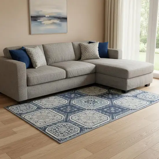 8' Navy Blue And Ivory Floral Washable Area Rug With UV Protection Photo 2