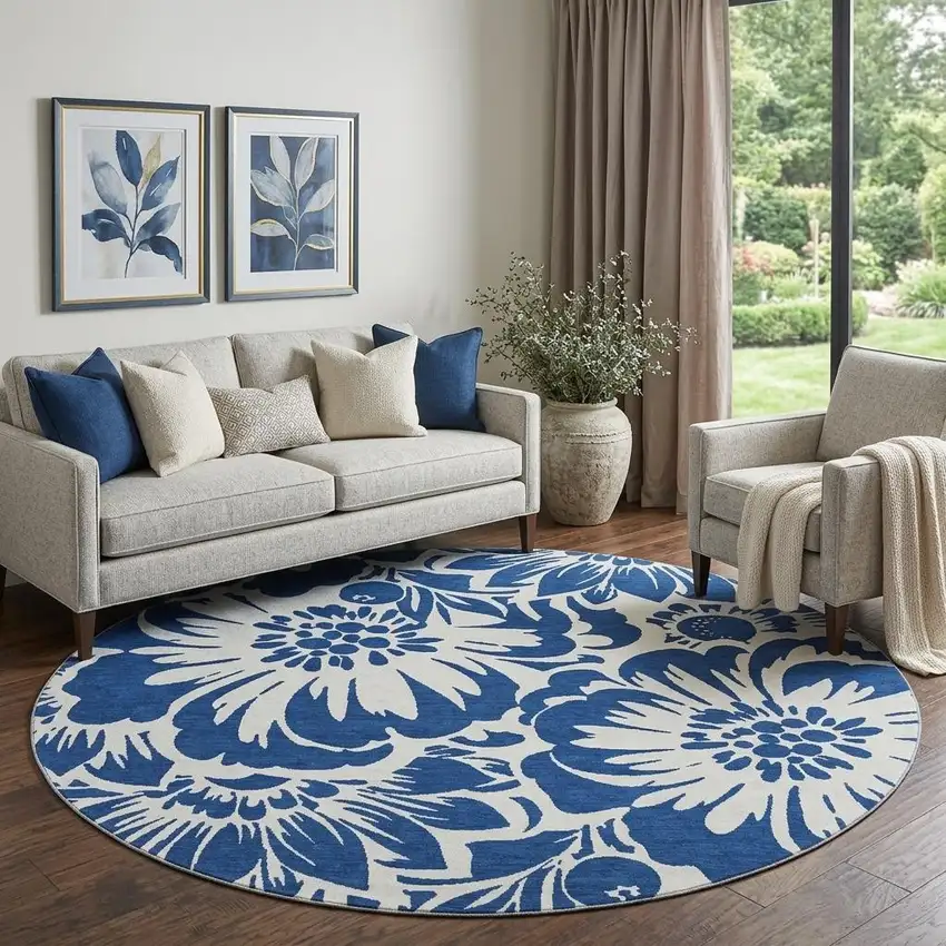 8' Navy Blue And Ivory Floral Washable Round Rug With UV Protection Photo 1
