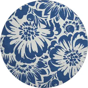 Photo of 8' Navy Blue And Ivory Floral Washable Round Rug With UV Protection