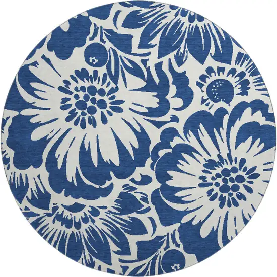 8' Navy Blue And Ivory Floral Washable Round Rug With UV Protection Photo 1