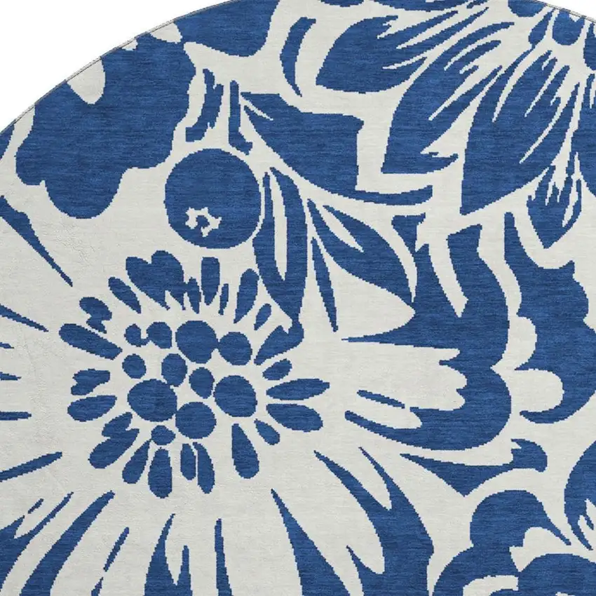 8' Navy Blue And Ivory Floral Washable Round Rug With UV Protection Photo 4