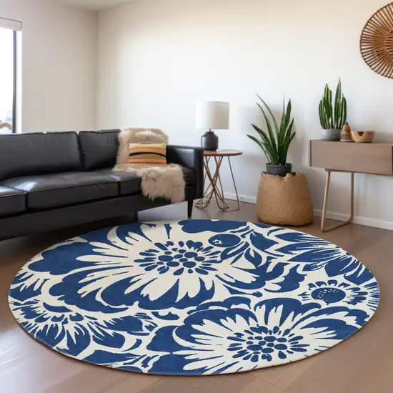 8' Navy Blue And Ivory Floral Washable Round Rug With UV Protection Photo 5