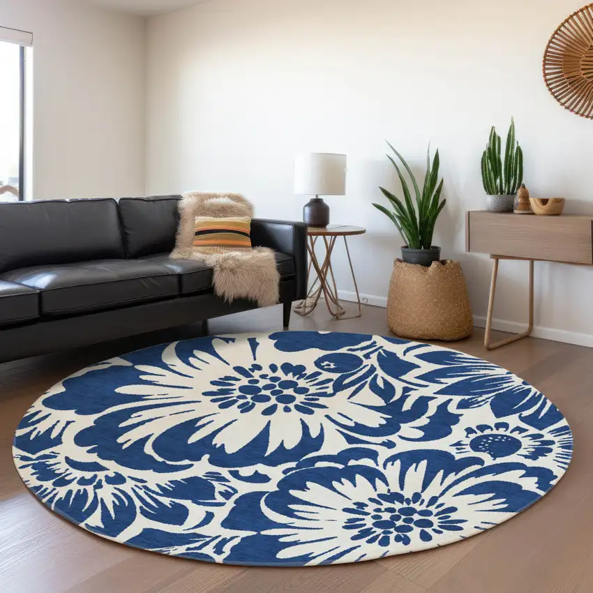 8' Navy Blue And Ivory Floral Washable Round Rug With UV Protection Photo 5