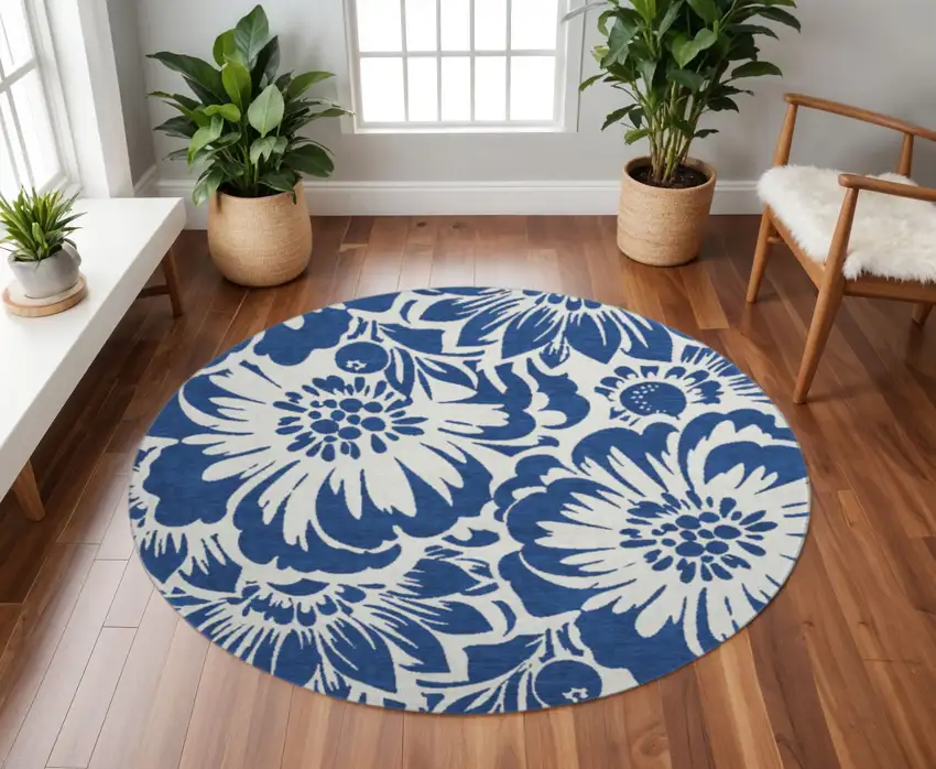 8' Navy Blue And Ivory Floral Washable Round Rug With UV Protection Photo 2