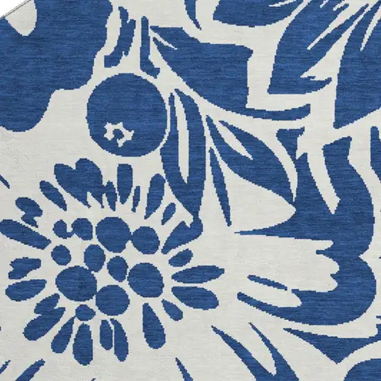 8' Navy Blue And Ivory Floral Washable Round Rug With UV Protection Photo 3