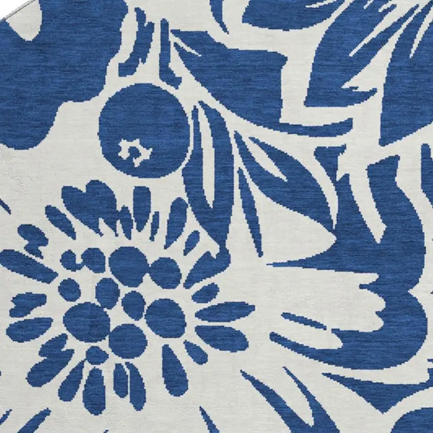 8' Navy Blue And Ivory Floral Washable Round Rug With UV Protection Photo 3