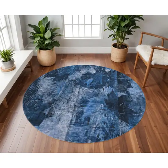 8' Navy Blue And Ivory Floral Washable Round Rug With UV Protection Photo 2