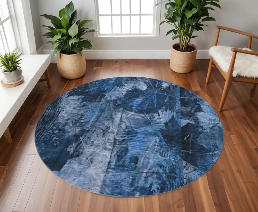 8' Navy Blue And Ivory Floral Washable Round Rug With UV Protection Photo 2