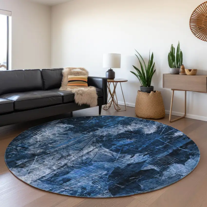 8' Navy Blue And Ivory Floral Washable Round Rug With UV Protection Photo 5