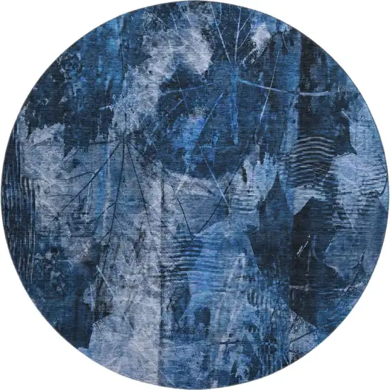 8' Navy Blue And Ivory Floral Washable Round Rug With UV Protection Photo 1