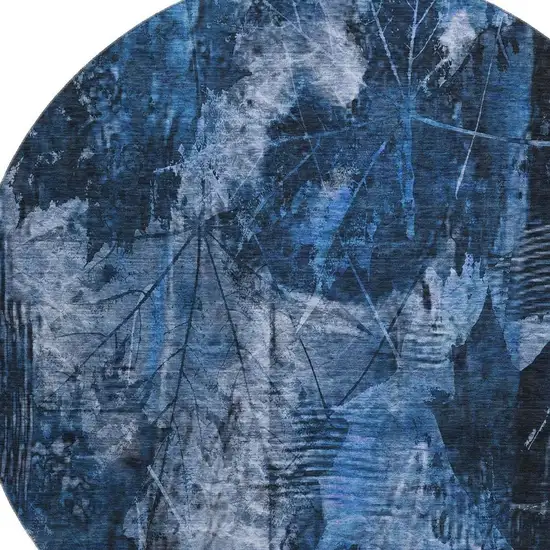 8' Navy Blue And Ivory Floral Washable Round Rug With UV Protection Photo 3
