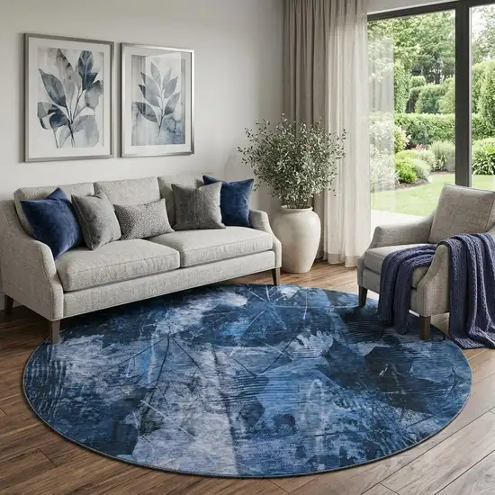 8' Navy Blue And Ivory Floral Washable Round Rug With UV Protection Photo 1
