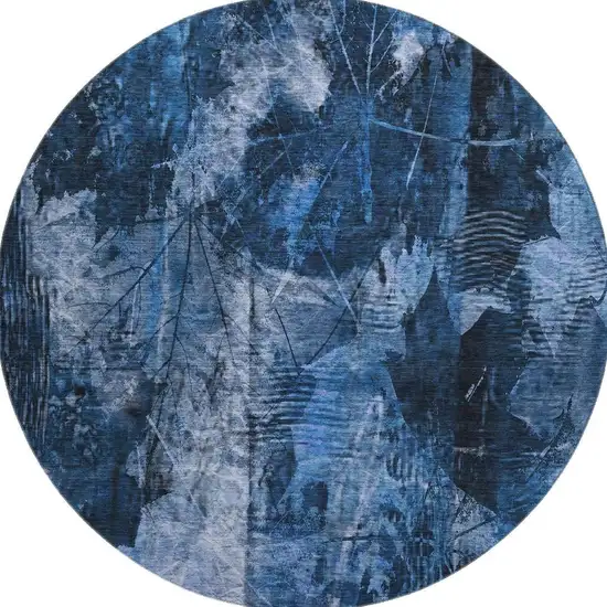 8' Navy Blue And Ivory Floral Washable Round Rug With UV Protection Photo 4