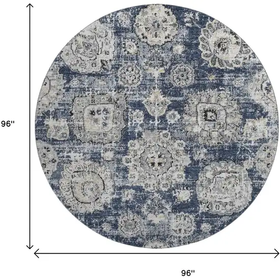 8' Navy Blue And Ivory Floral Washable Round Rug With UV Protection Photo 3