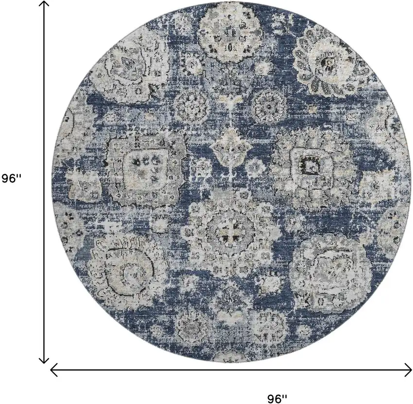 8' Navy Blue And Ivory Floral Washable Round Rug With UV Protection Photo 3