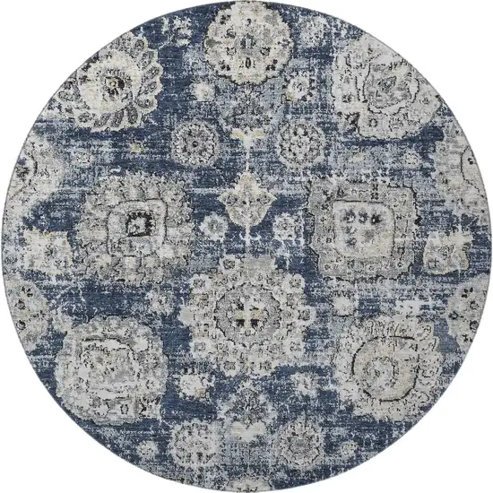 8' Navy Blue And Ivory Floral Washable Round Rug With UV Protection Photo 4