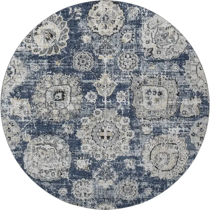 8' Navy Blue And Ivory Floral Washable Round Rug With UV Protection Photo 4