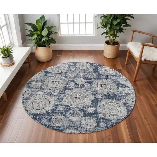 8' Navy Blue And Ivory Floral Washable Round Rug With UV Protection Photo 2