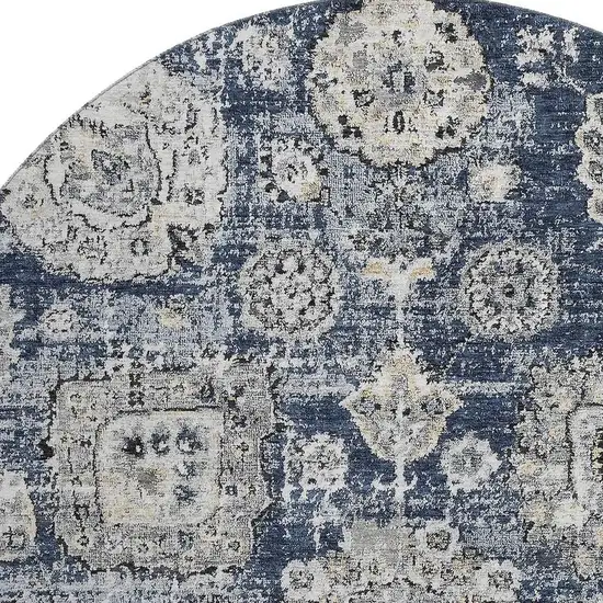 8' Navy Blue And Ivory Floral Washable Round Rug With UV Protection Photo 3