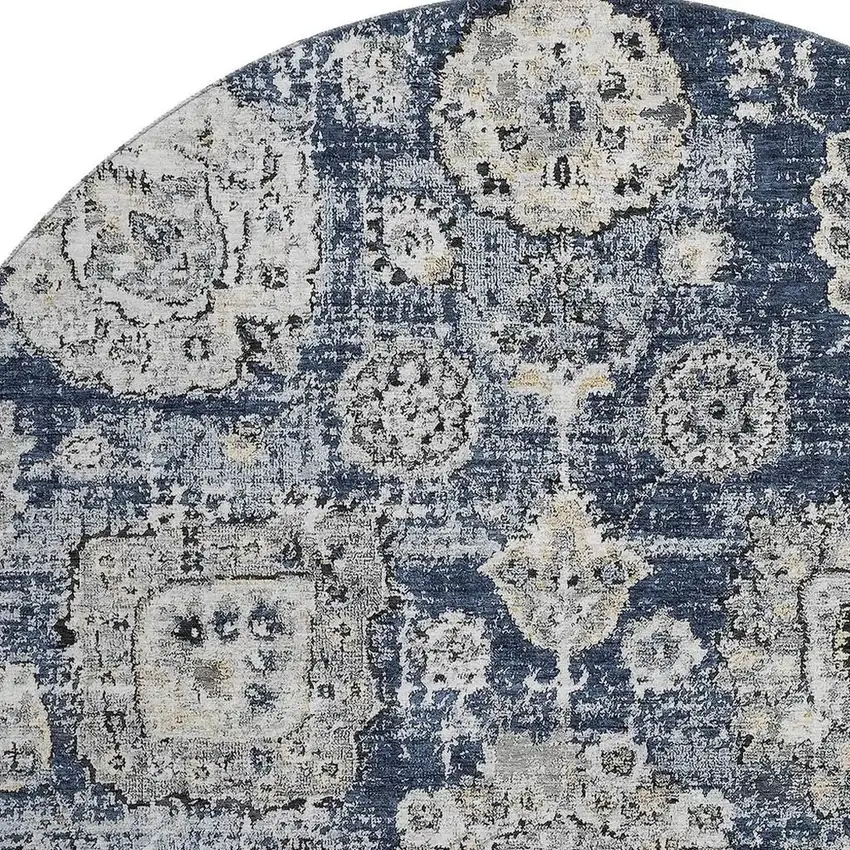 8' Navy Blue And Ivory Floral Washable Round Rug With UV Protection Photo 3