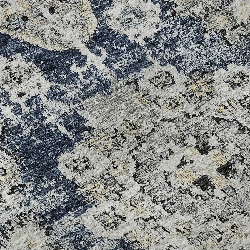 8' Navy Blue And Ivory Floral Washable Round Rug With UV Protection Photo 9