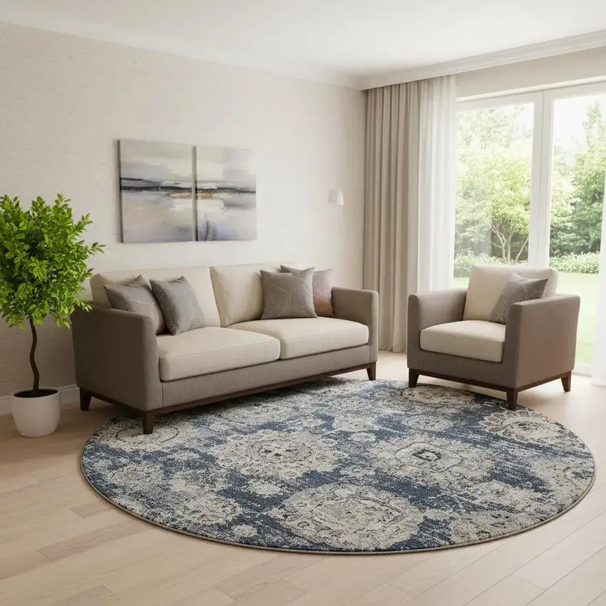 8' Navy Blue And Ivory Floral Washable Round Rug With UV Protection Photo 1