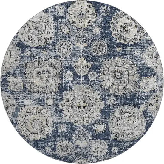 8' Navy Blue And Ivory Floral Washable Round Rug With UV Protection Photo 1