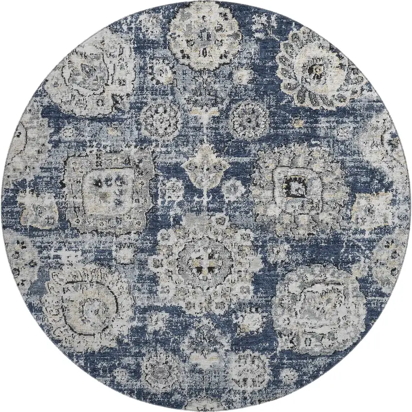 8' Navy Blue And Ivory Floral Washable Round Rug With UV Protection Photo 1
