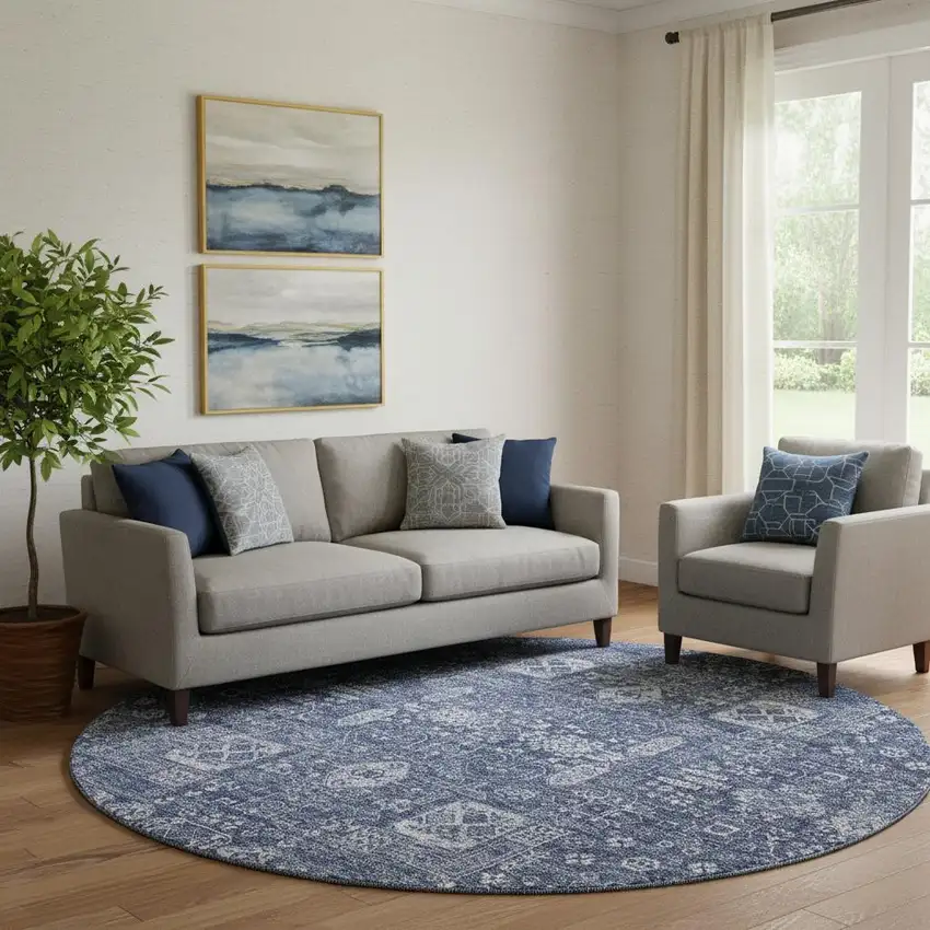 8' Navy Blue And Ivory Floral Washable Round Rug With UV Protection Photo 1