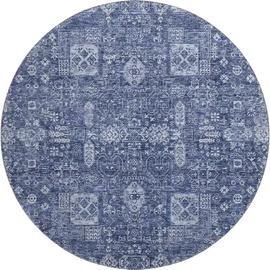8' Navy Blue And Ivory Floral Washable Round Rug With UV Protection Photo 1