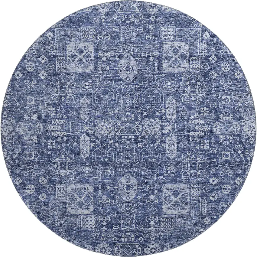 8' Navy Blue And Ivory Floral Washable Round Rug With UV Protection Photo 1