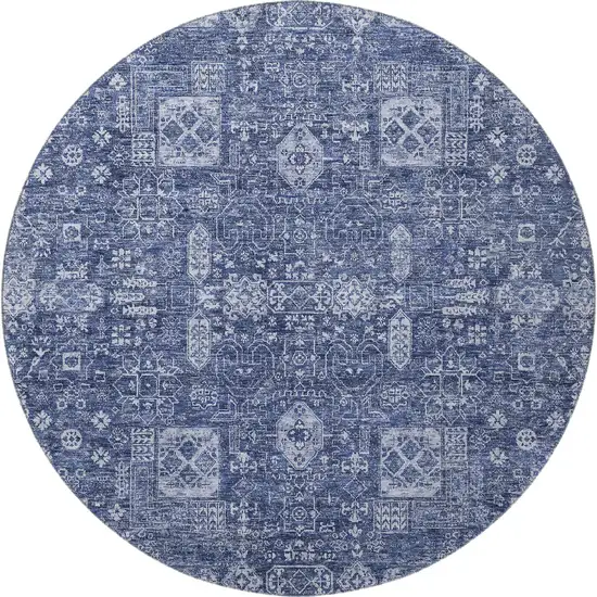 8' Navy Blue And Ivory Floral Washable Round Rug With UV Protection Photo 3