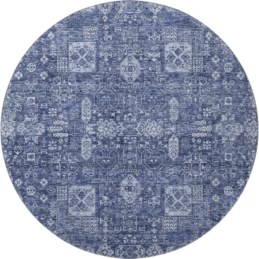 8' Navy Blue And Ivory Floral Washable Round Rug With UV Protection Photo 3