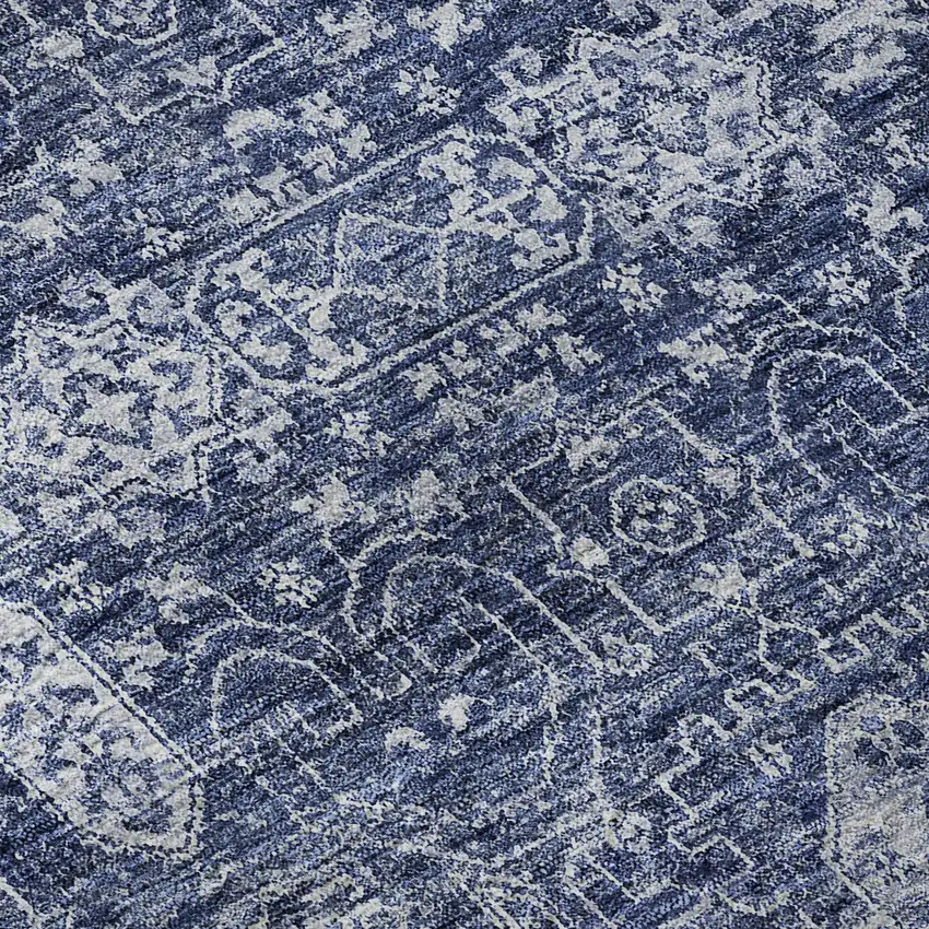 8' Navy Blue And Ivory Floral Washable Round Rug With UV Protection Photo 8