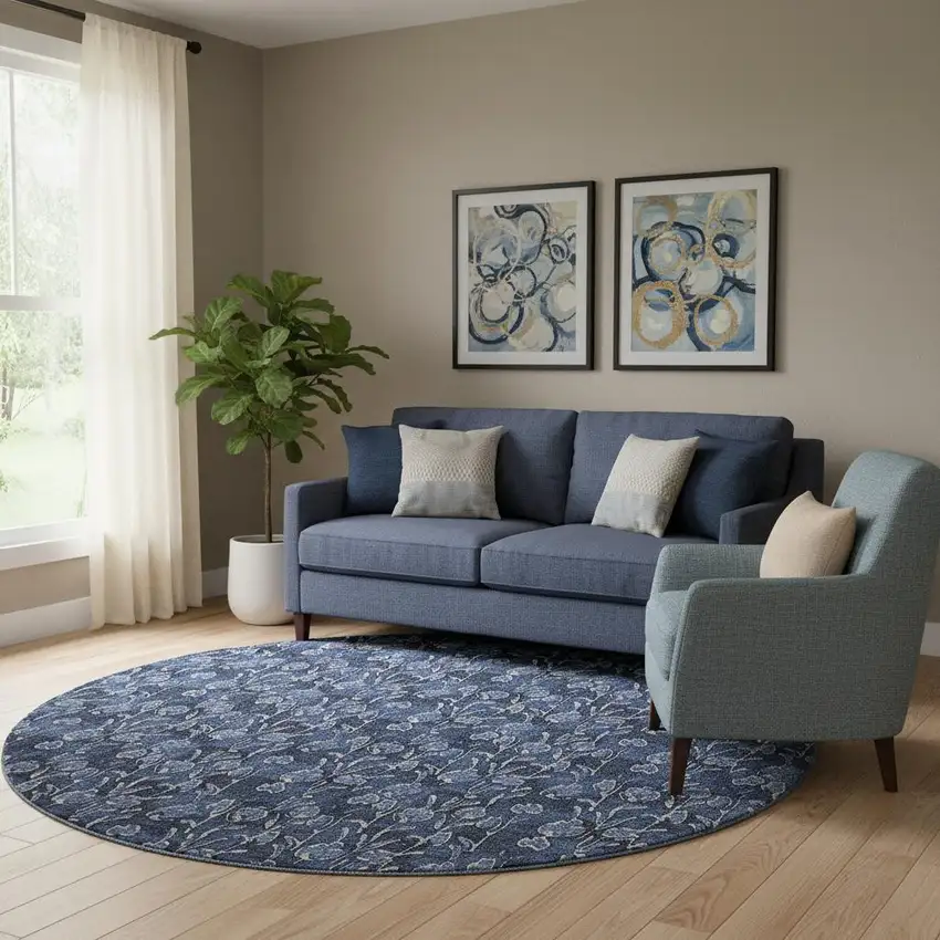 8' Navy Blue And Ivory Floral Washable Round Rug With UV Protection Photo 1