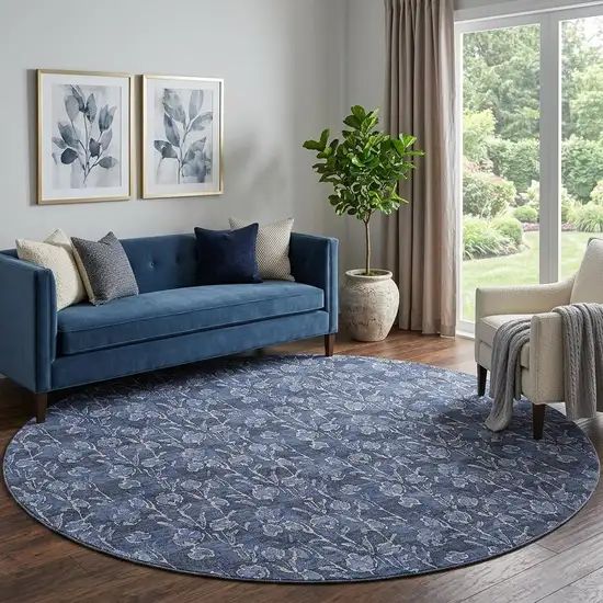 8' Navy Blue And Ivory Floral Washable Round Rug With UV Protection Photo 1