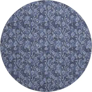 Photo of 8' Navy Blue And Ivory Floral Washable Round Rug With UV Protection