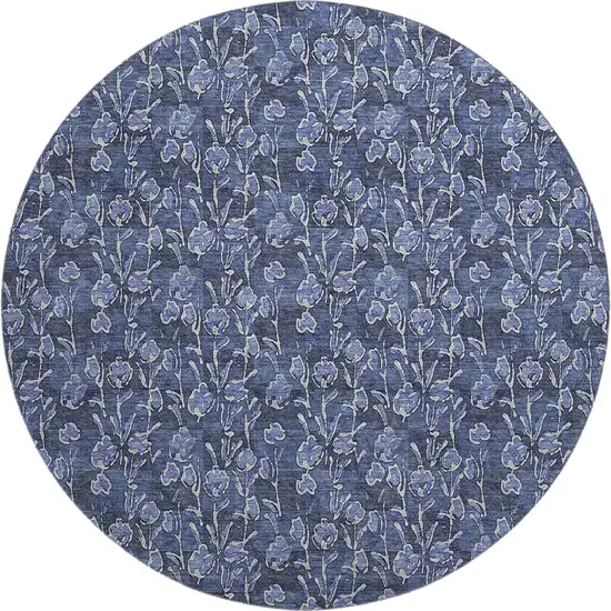 8' Navy Blue And Ivory Floral Washable Round Rug With UV Protection Photo 1