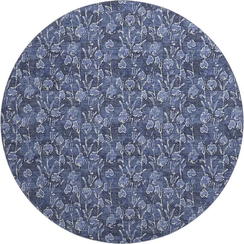 8' Navy Blue And Ivory Floral Washable Round Rug With UV Protection Photo 1