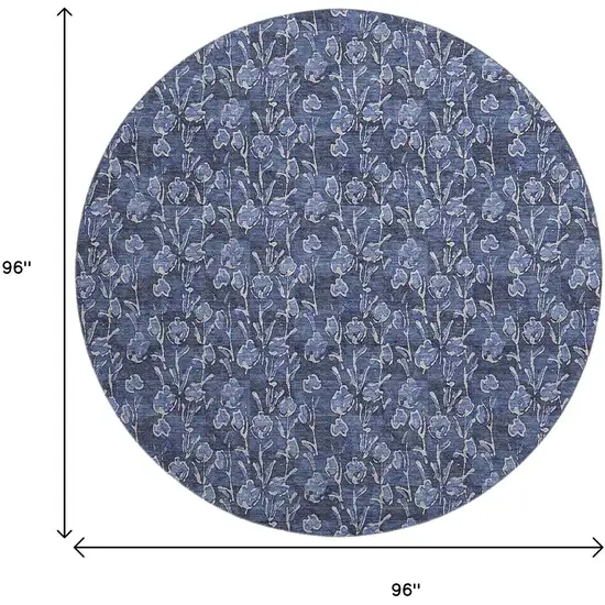 8' Navy Blue And Ivory Floral Washable Round Rug With UV Protection Photo 6